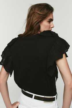 ZARA ФУТБОЛКА С ВОЛАНАМИ И КОРОТКИМИ РУКАВАМИ, ЧЕРНЫЙ