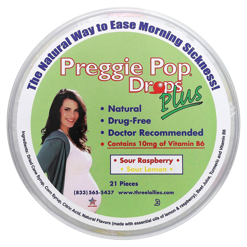 Preggie, Preggie Pop Drops Plus, кислая малина, кислый лимон, 10 мг, 21 шт.