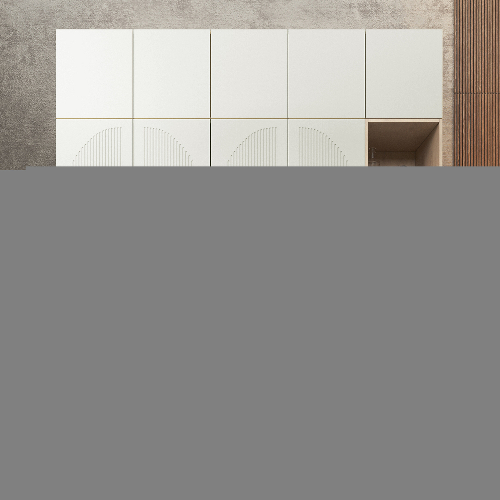 Шкаф Агератум МДФ четырехсекционный с антресолью и стеллажом Лайн керамика (0,27) А10032 матовая - Дуб Сонома 3025  220*45*220