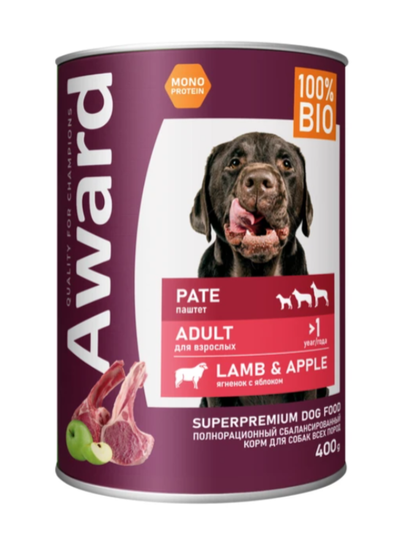 Влажный корм AWARD для взрослых собак паштет из ягненка с яблоком