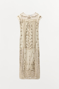 ZARA ПЛАТЬЕ С ВЫШИВКОЙ И ПАЙЕТКАМИ LIMITED EDITION, ЖЕЛТОВАТО-БЕЛЫЙ