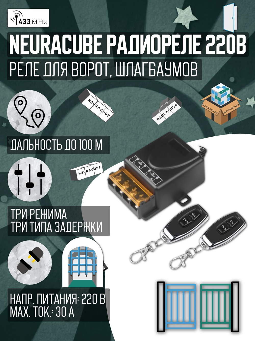 Радиоуправляемое реле 433Мгц NEURACUBE POW30 с двумя пультами (220V/30A)