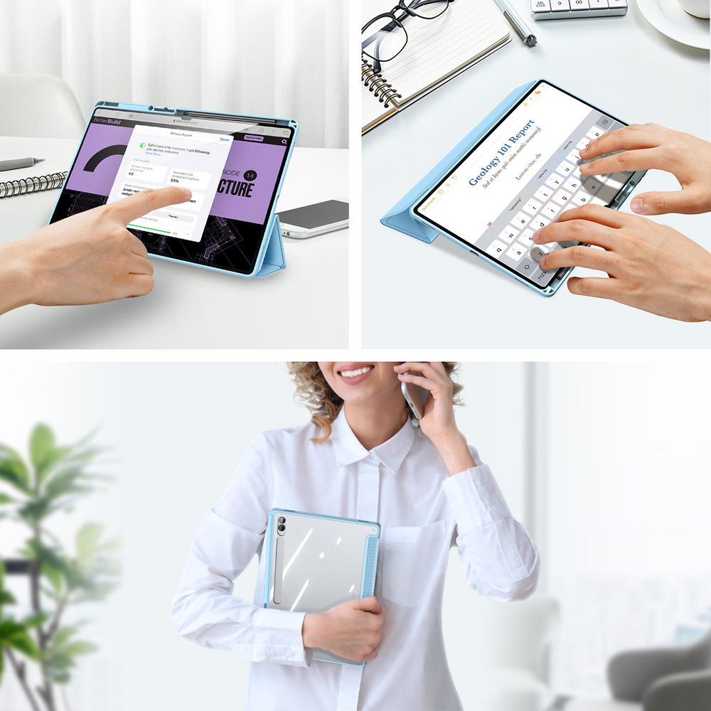 Чехол книжка синего цвета от Dux Ducis для Samsung Tab S10 Ultra, S9 Ultra и S8 Ultra, серия Toby Series Case, с функцией пробуждения и сна