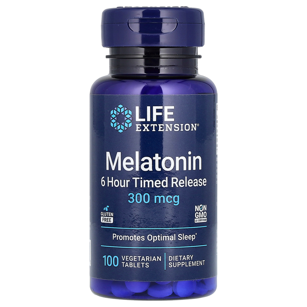 Life Extension, Мелатонин, 6-часовое высвобождение, 300 мкг, 100 растительных таблеток