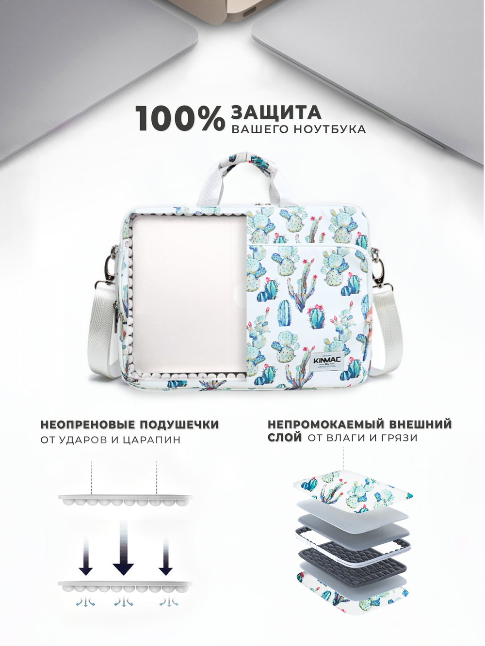 Сумка для ноутбука 13,3" и 14" с ремнем на плечо и большим карманом спереди (Кактус)