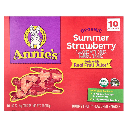 Annie's Homegrown, Organic Bunny Fruit ™ Snacks, летняя клубника, 10 пакетиков по 19 г (0,7 унции)