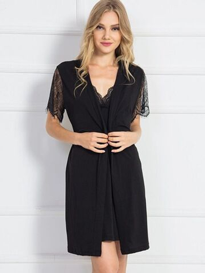 Изящный комплект с кружевом: халат и сорочка (Размер: L) (Цвет: черный)
