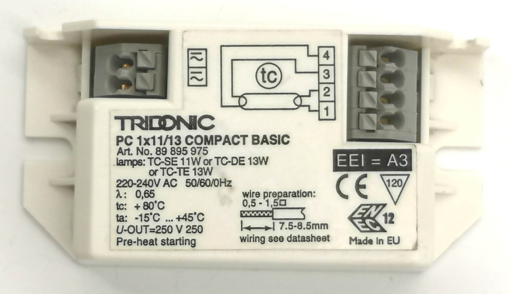 ЭПРА TRIDONIC PC 1x11/13 COMPACT BASIC 89895975 для TC-SE 11W, TC-DE 13W, TC-TE 13W