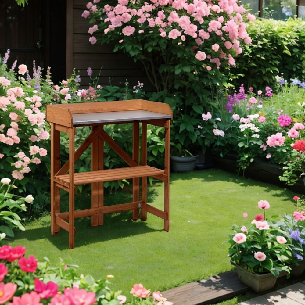 Садовый стол деревянный для сада и дачи с цинковой столешницей, для пересадки растений и цветов