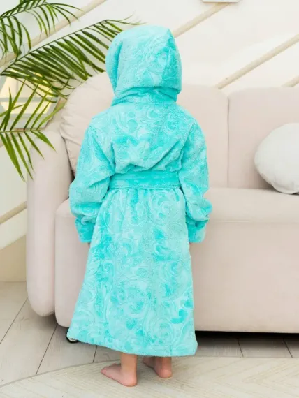 Халат детский велюровый жаккард с капюшоном EMILY Бирюзовый "Polens"