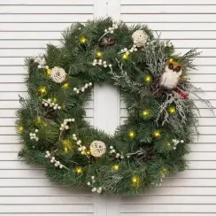 Хвойный венок Тайна леса с декором 60 см., 30 теплых-белых Led ламп, Литая хвоя+ПВХ, ЕлкиТорг (52040)