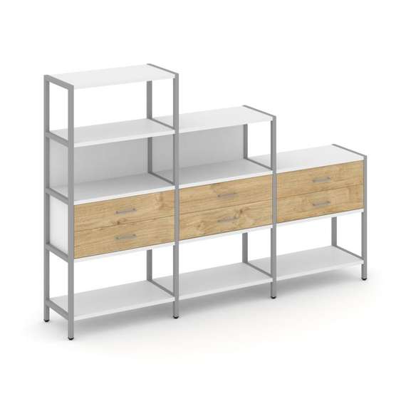 Shelf System Трехсекционный стеллаж четырех/трех/двухярусный с ящиками SN.STM-431 Белый/Тиквуд Светл