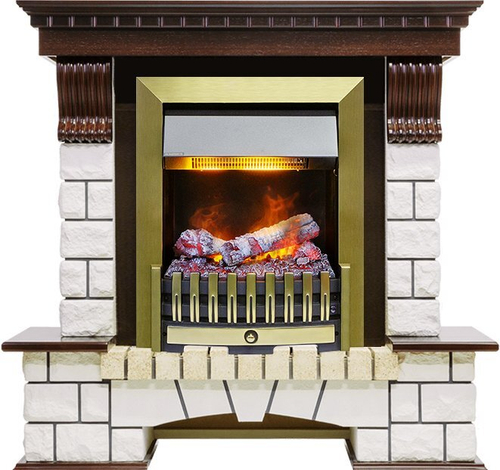 Каминокомплект Pierre Luxe - Темный дуб / Белый (Высота 1020мм) с очагом Danville Antique Brass FB2