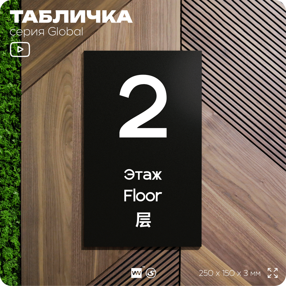 Табличка с номером Этаж 2, на дверь и стену, информационная и мультиязычная (русский, английский, китайский), серия GLOBAL, 25х15 см, Айдентика Технолоджи