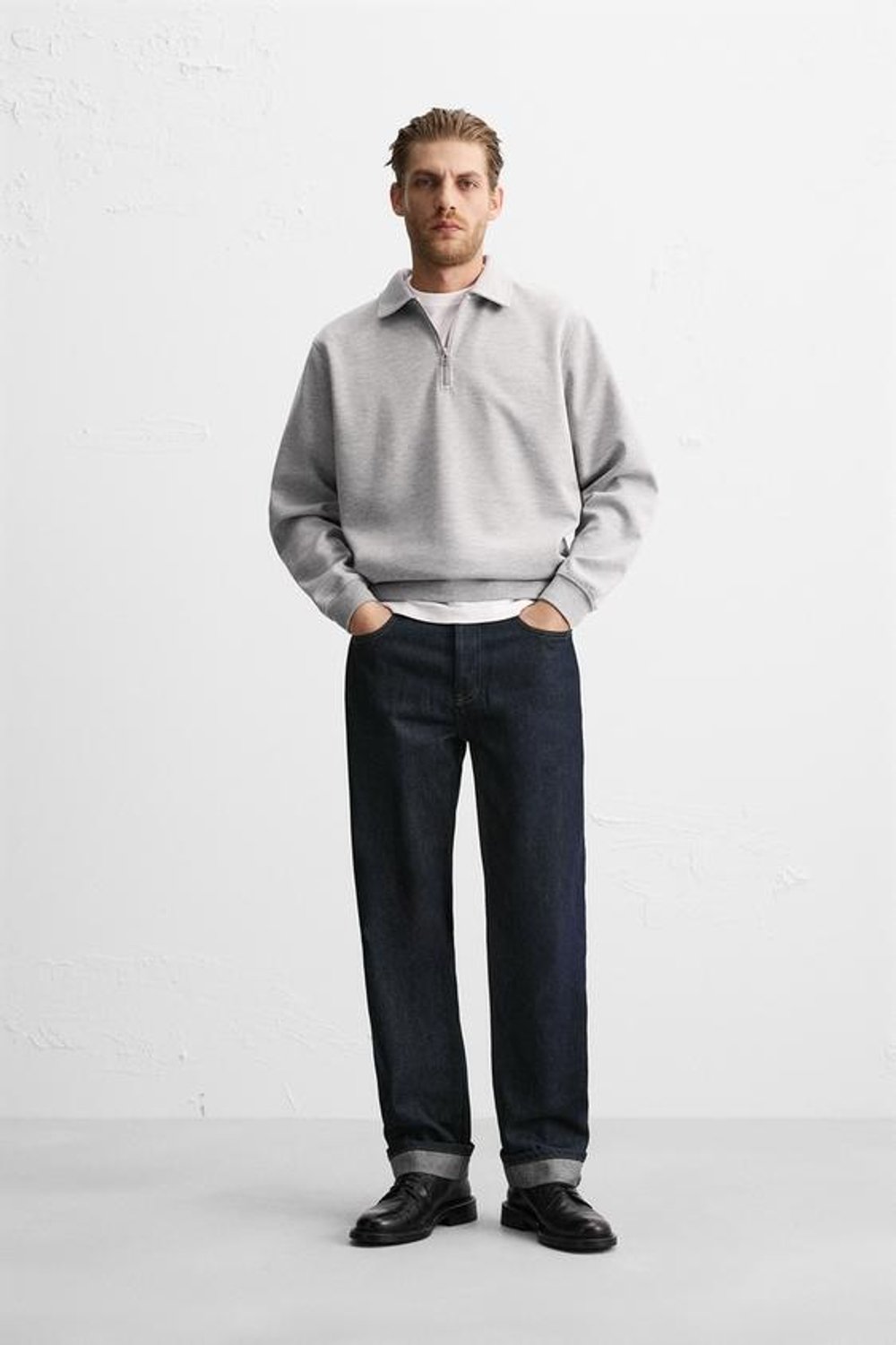 ZARA ПОЛО С ВОРОТНИКОМ НА МОЛНИИ, СЕРЫЙ