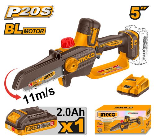 Цепная аккумуляторная мини пила 20В, BL 130 мм (5") 1хАКБ 2Ач и ЗУ 2А INGCO CGSLI20561 INDUSTRIAL