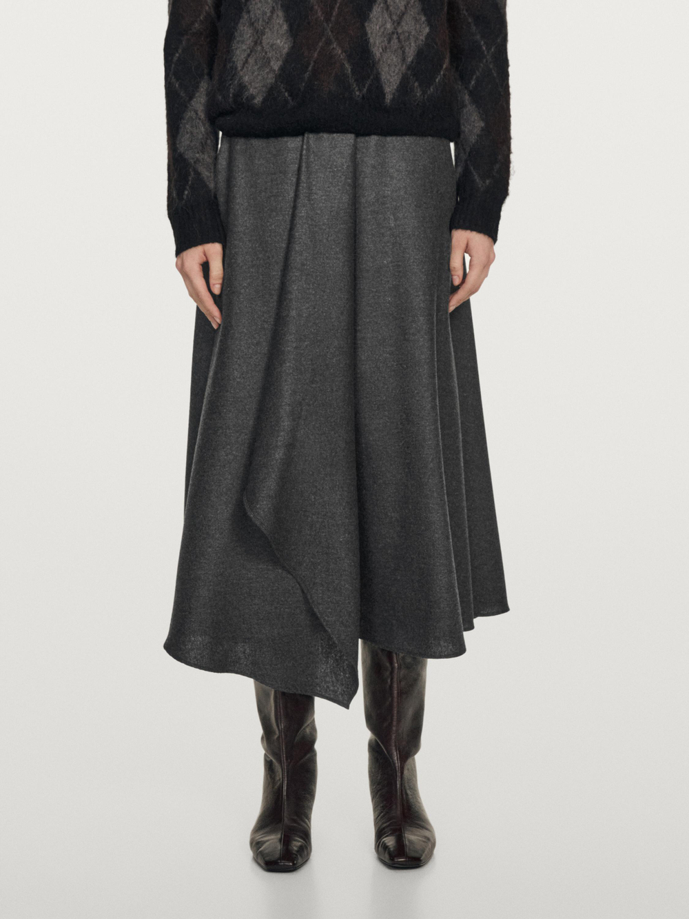 Massimo Dutti Расклешенная юбка миди из смесовой шерсти со складками, серый