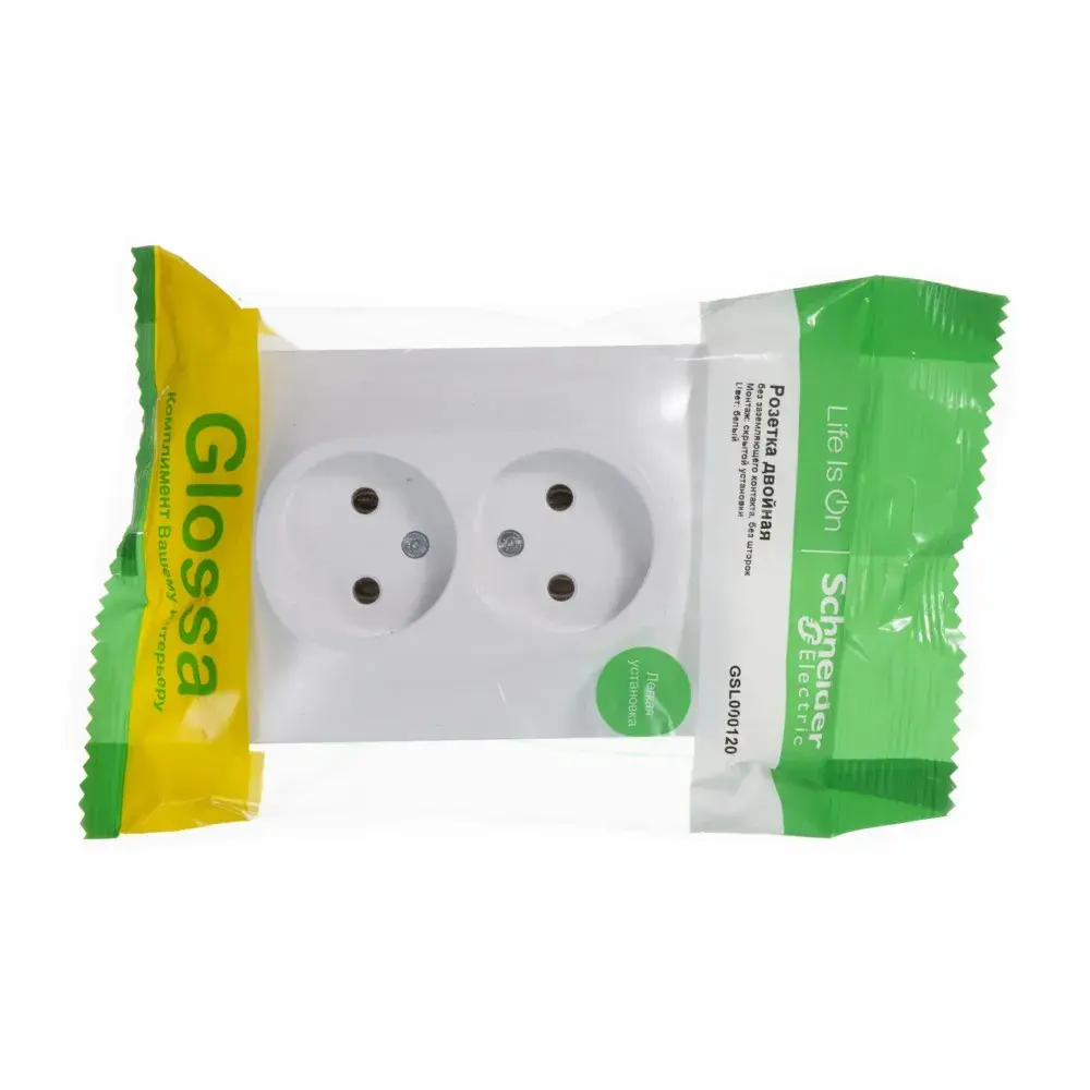 GLOSSA РОЗЕТКА двойная без заземления, 16А, в сборе, БЕЛЫЙ