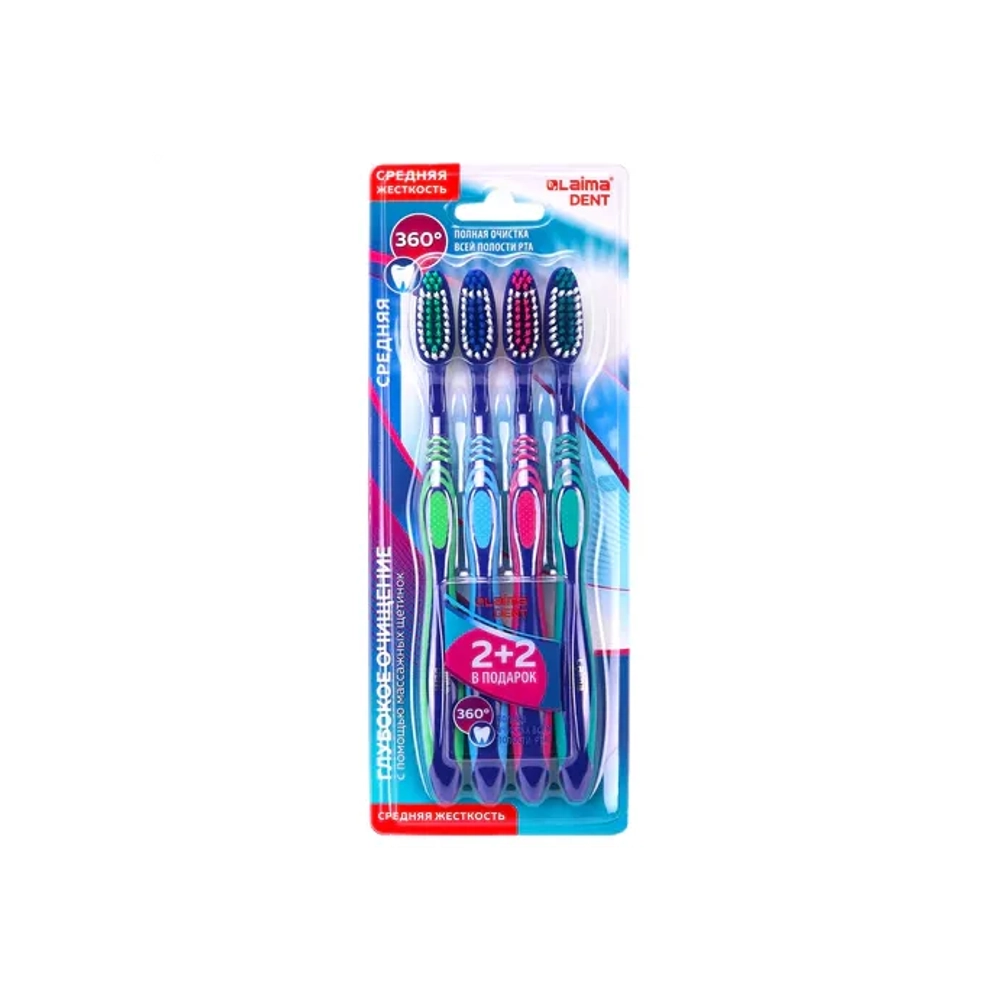 Зубная щетка средней жесткости, с чисткой языка, гибкая, КОМПЛЕКТ 4 шт., LAIMA DENT, 609323
