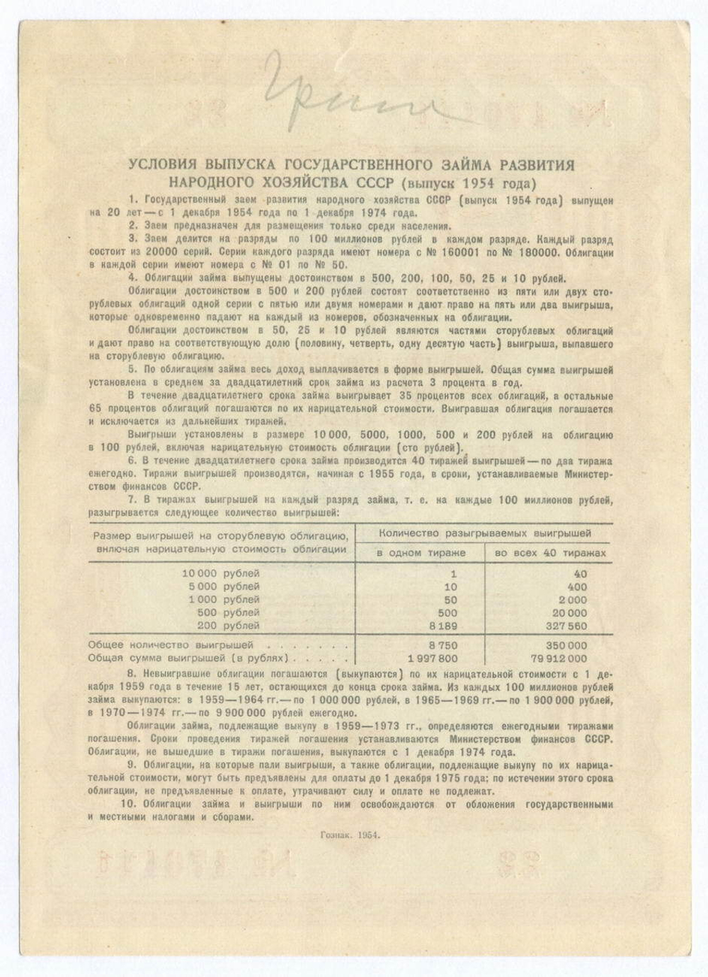 Облигация 100 рублей 1954 год. Серия № 170111. VF (надпись карандашом)