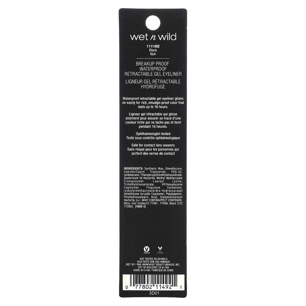 wet n wild, Breakup Proof, Waterproof Retractable Gel Eyeliner, 1111492 Black, 0.008 oz (0.23 g)