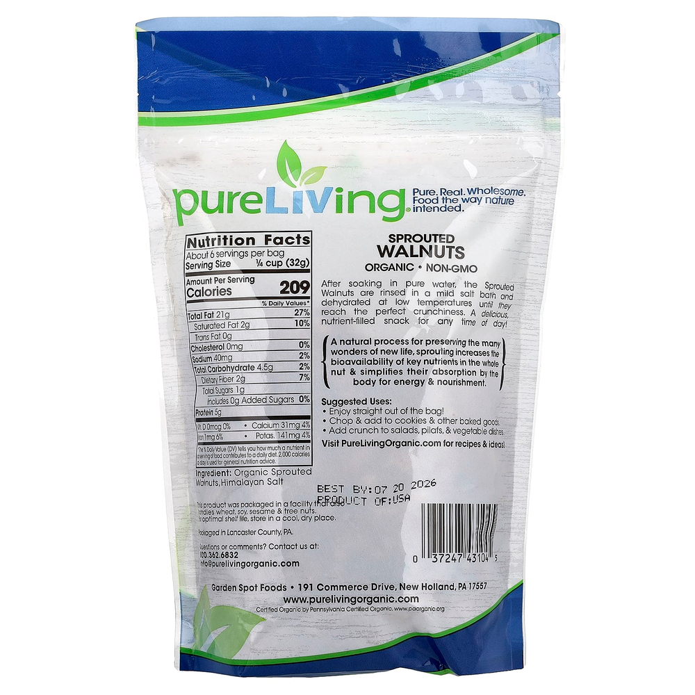 Pure Living, органические пророщенные грецкие орехи, с солью, 170 г (6 унций)