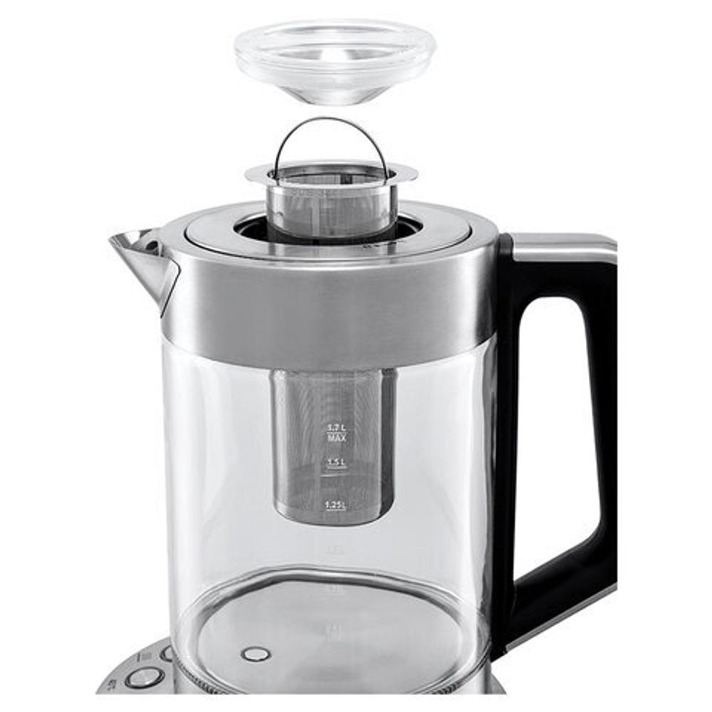 Чайник KITFORT КТ-622, 1,7 л, 2200 Вт, закрытый нагревательный элемент, ТЕРМОРЕГУЛЯТОР, заварник, стекло, серебро