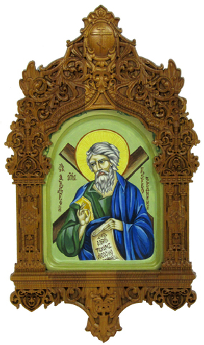 Рукописная икона Святой апостол Андрей Первозванный на кипарисе 20х15см в резном киоте