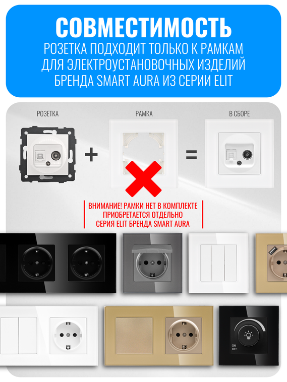 Розетка комбинированная ТВ + интернет RJ45 Smart Aura серия ELIT без рамки