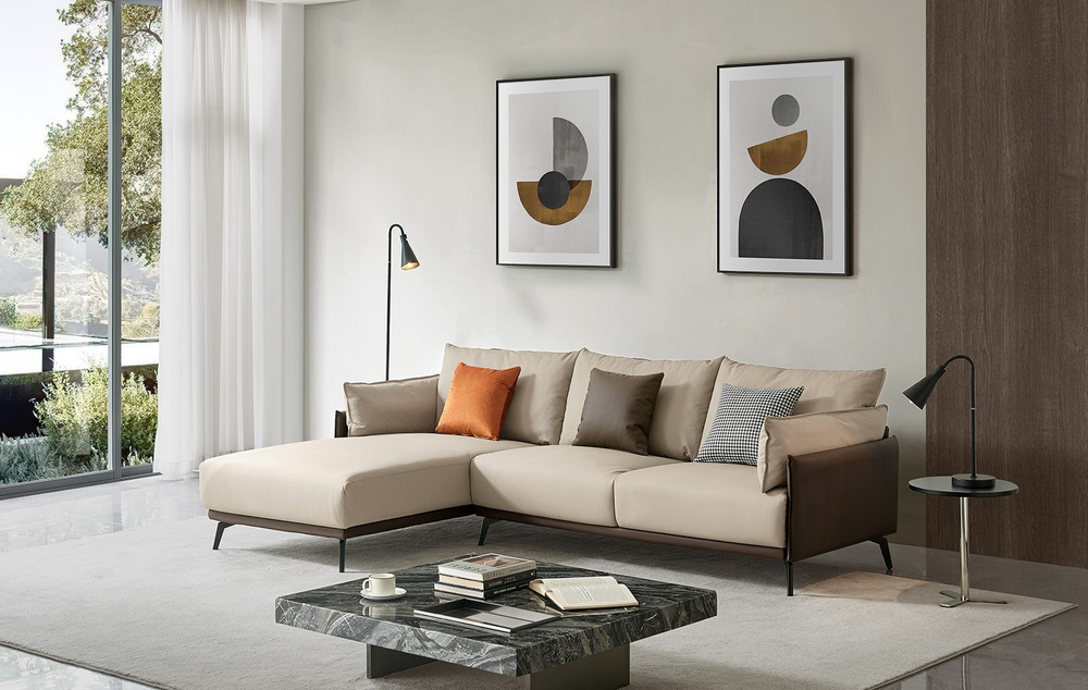 Диван ELEGANTE NAPPA SF015 угловой (3-х местный левый угол) бежевый/коричневый