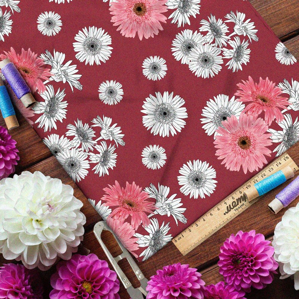 Ткань таффета разноцветные хризантемы на красном фоне