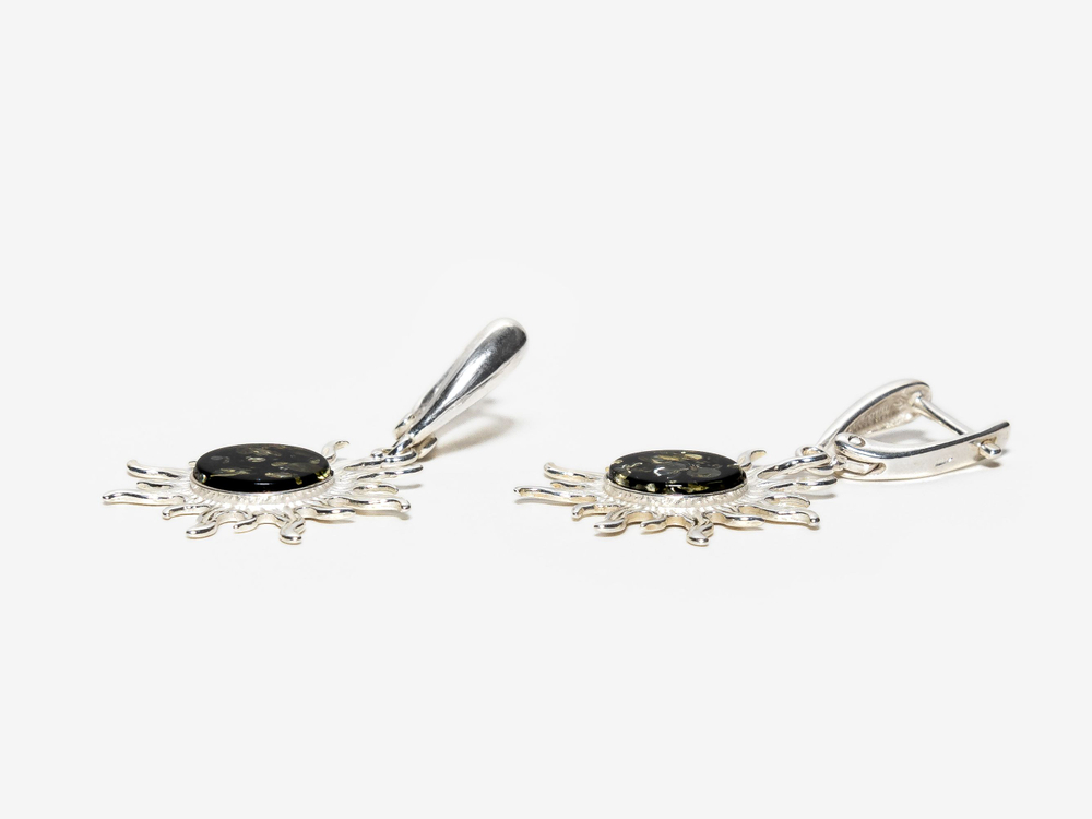 Серебряные серьги с цельным янтарем "Солнце", серебро 925 пробы