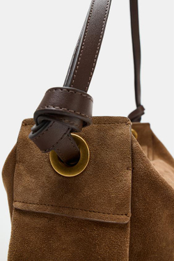 ZARA УДЛИНЕННАЯ КОЖАНАЯ СУМКА, ПЕСОЧНЫЙ/КОРИЧНЕВЫЙ