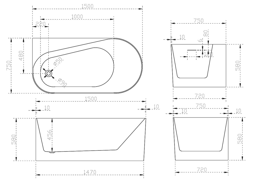 Акриловая ванна ABBER AB9496-1.5 L белая