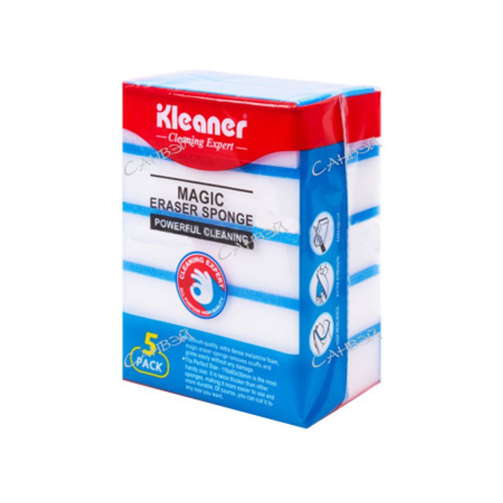 LA Губка д/чистки поверх-й (5шт) Kleaner 11*6,5*3см меламин,поролон прямоуг. бело-голубая п/э 1уп