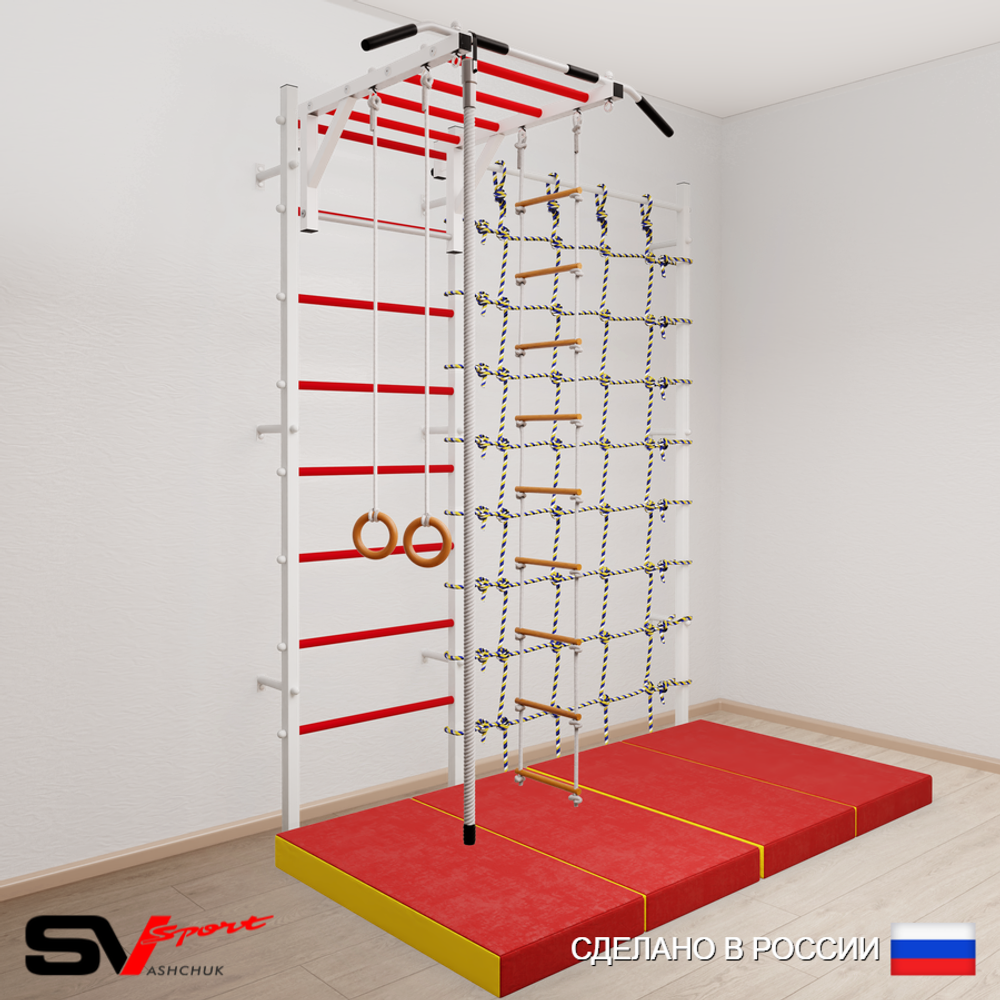 Шведская стенка Sv Sport 52140 (Турник рукоход/Канат/Кольца/Лестница/Мат 2м/Канатный лаз)