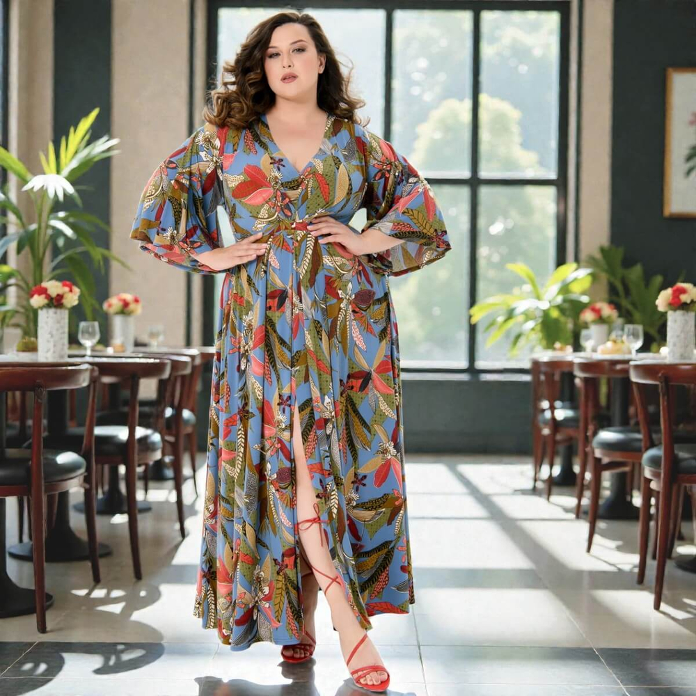 Платье с разрезом, принт яркий