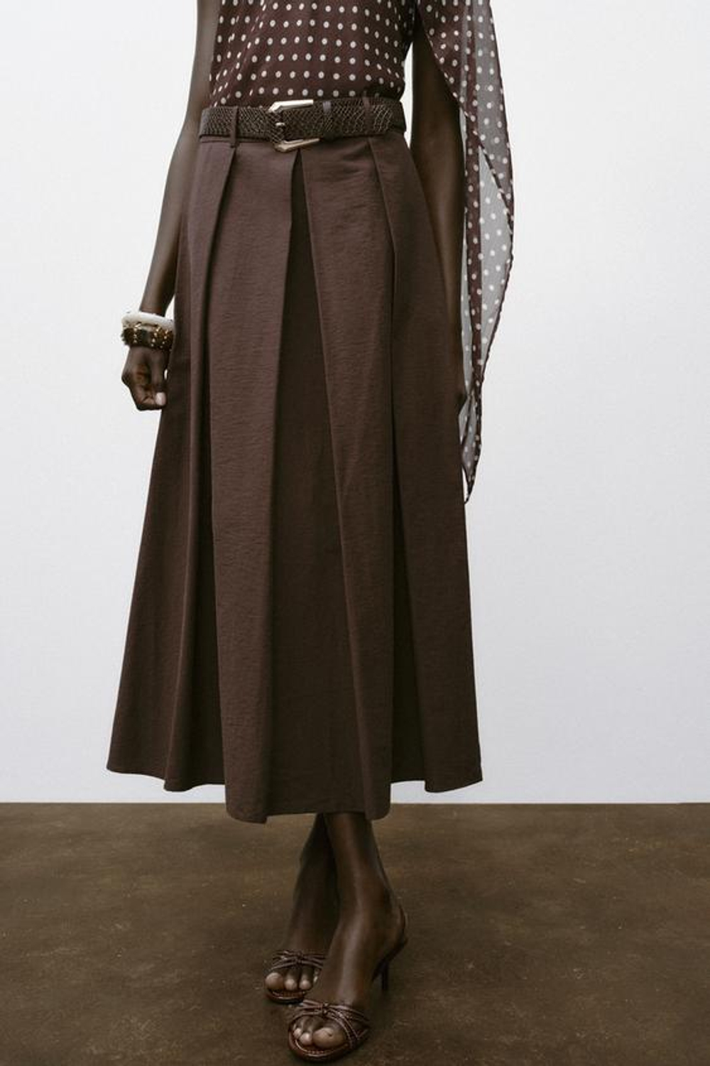 ZARA ЮБКА-КЛЕШ МИДИ С РЕМНЕМ, КОРИЧНЕВЫЙ