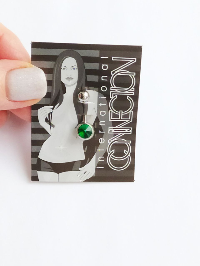 Банан для пупка, 1,6 х 10 мм, с камнем-конусом, зеленый