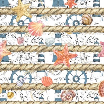 ракушки, маяк и канаты акварельный принт