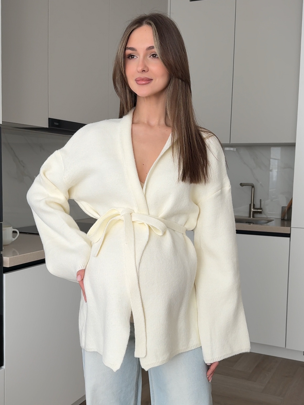 Кардиган вязаный, короткий, с поясом