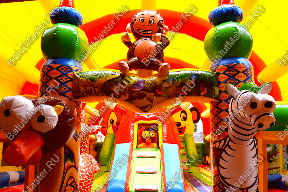 Надувной батут "Зверята с крышей 3" со скалодромом, 11*7*6 м