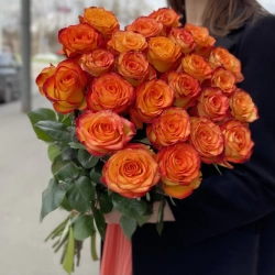 Оранжевые розы сорта Хай меджик в монобукете.