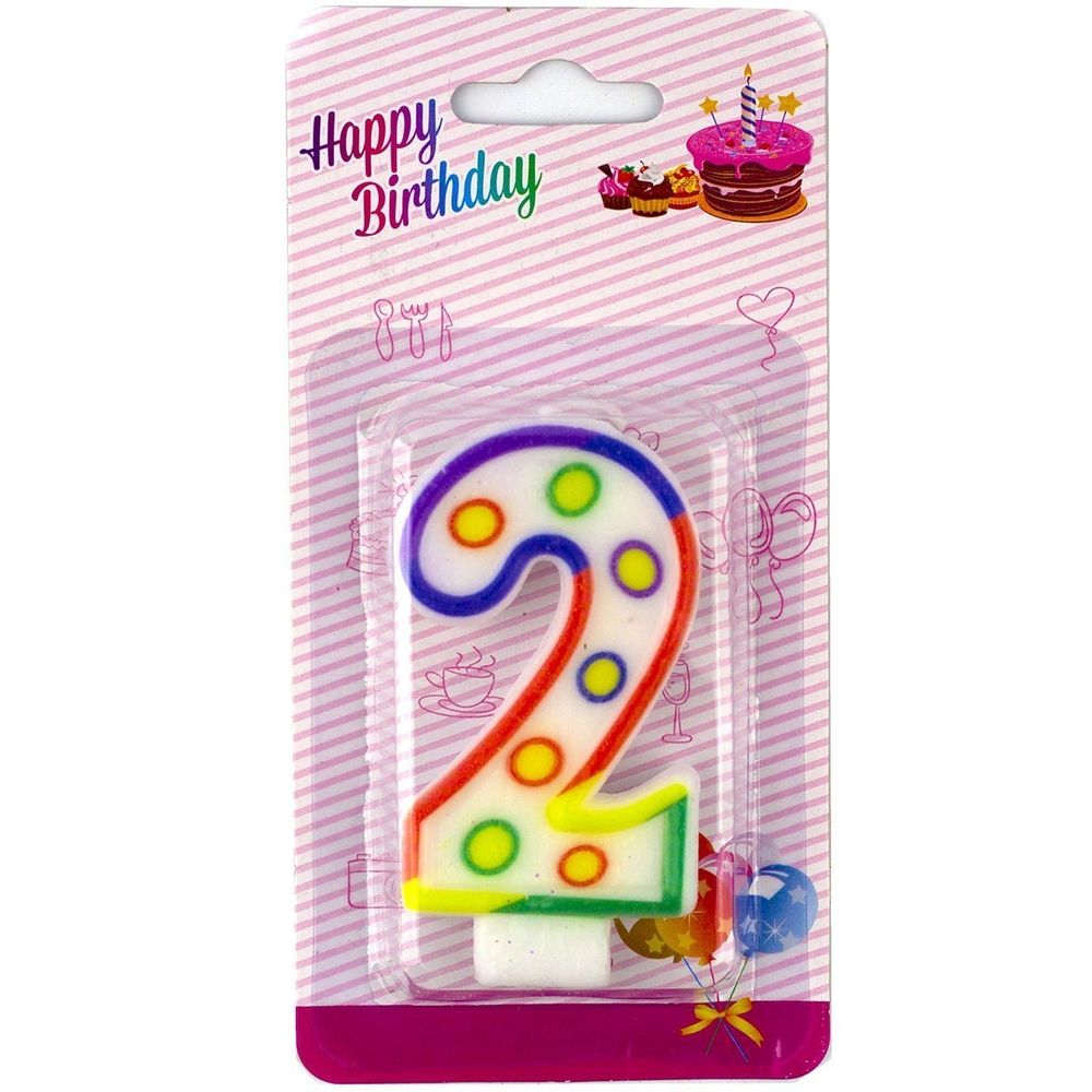 Свеча для торта с держателем Alingar, 7,0 см, "Цифра 2", белый цвет, горошек, цветная окантовка, блистер с европодвесом