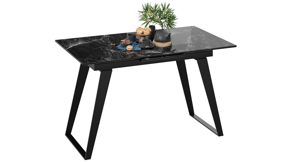 Стол кухонный обеденный раздвижной Черный муар/Стекло глянцевое черный мрамор 140(180)х80х77 см