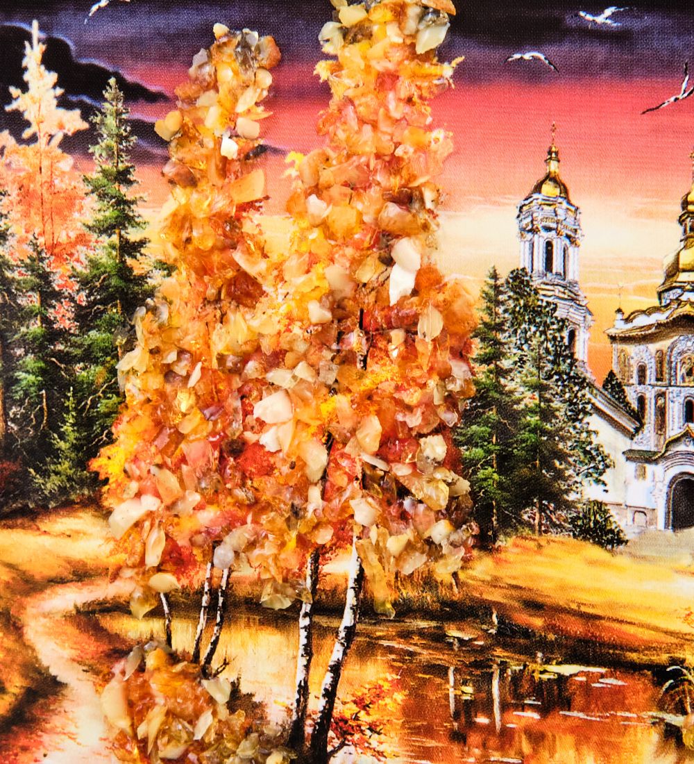 AMB-74/34 Картина «Церковь в лесу» (с янтарной крошкой) дер.краш.рамка 12х15