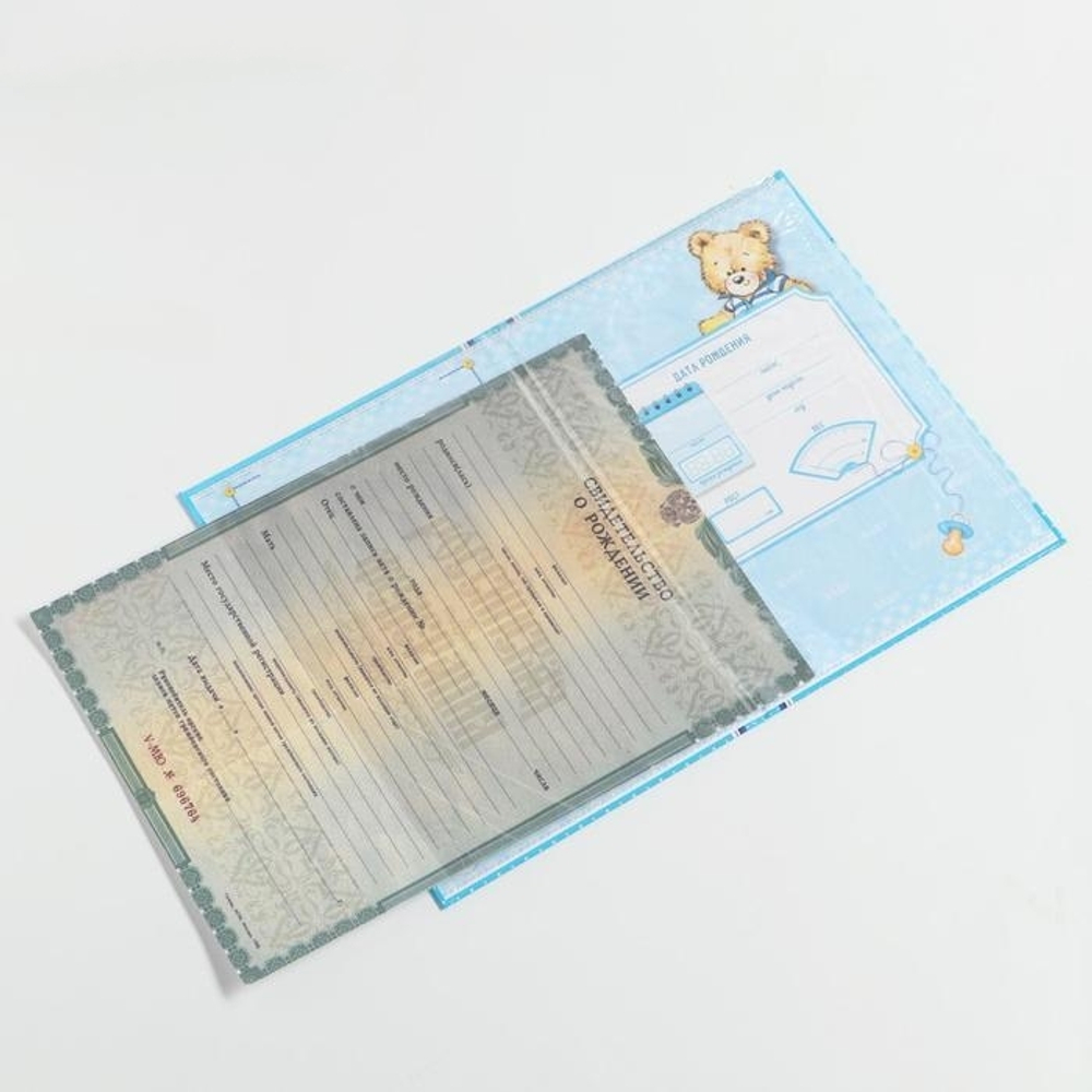 1717599 Свидетельство о рождении мальчика "Коляска" с карманом для бирки