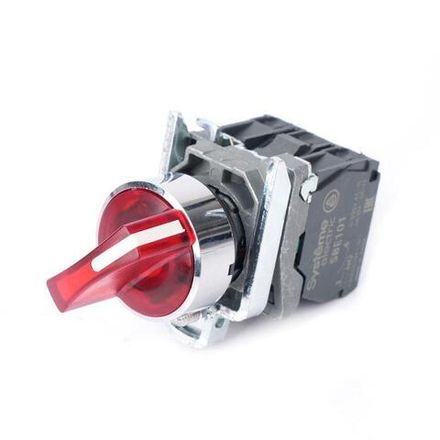Переключатель SB4 с подсветкойв сборе 22мм 2поз. с фиксацией металл 24В DC 1НО+1НЗ красн. SE SB4BK124B5