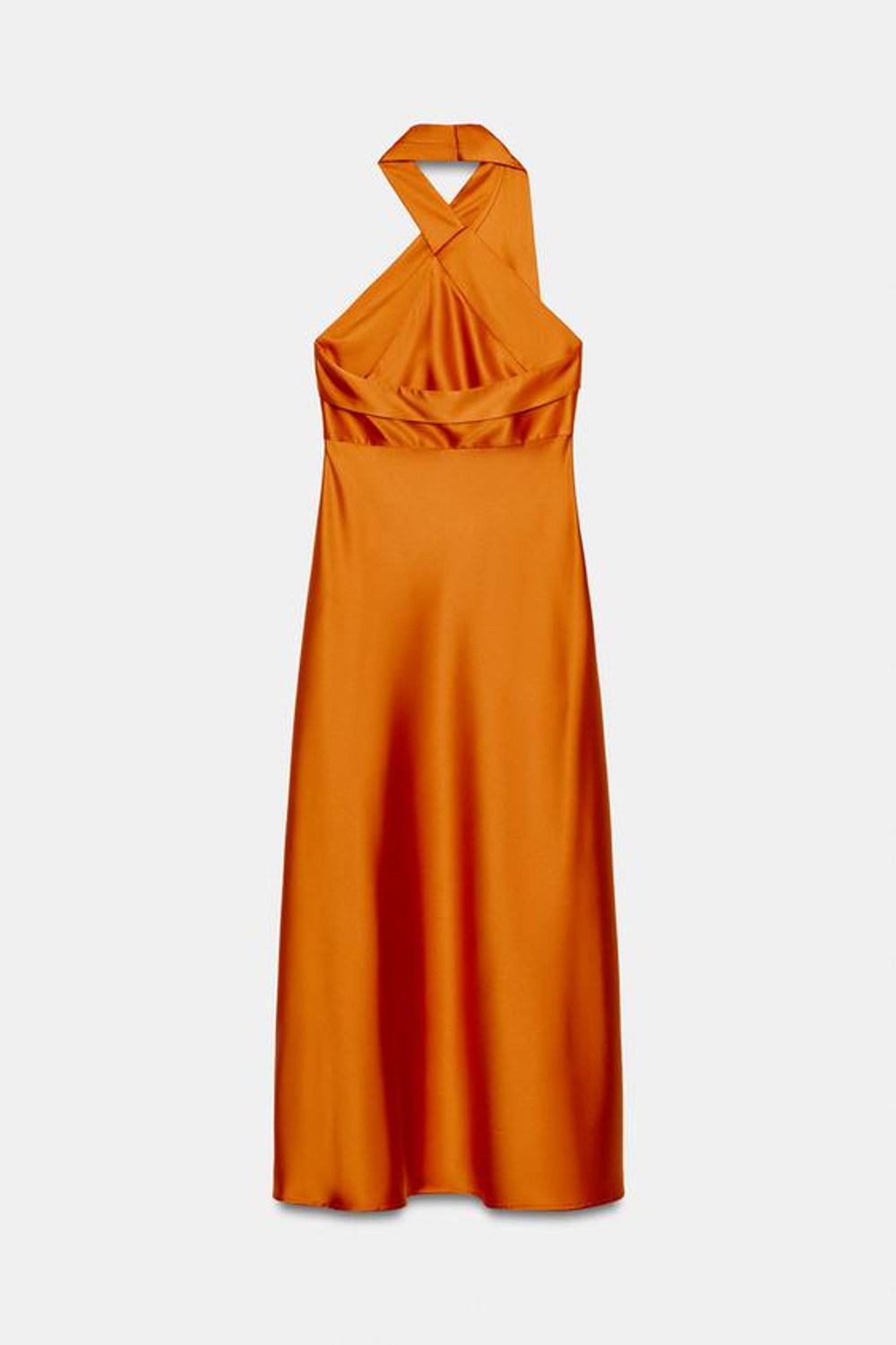 ZARA АТЛАСНОЕ ПЛАТЬЕ МИДИ С ГОРЛОВИНОЙ ХАЛТЕР, ОРАНЖЕВЫЙ
