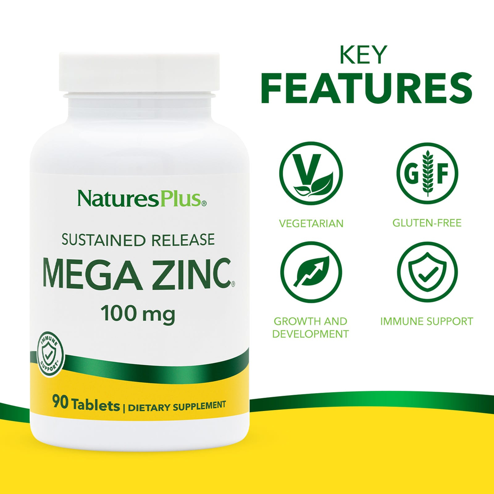 NaturesPlus, Mega Zinc®, длительное высвобождение, 100 мг, 90 таблеток